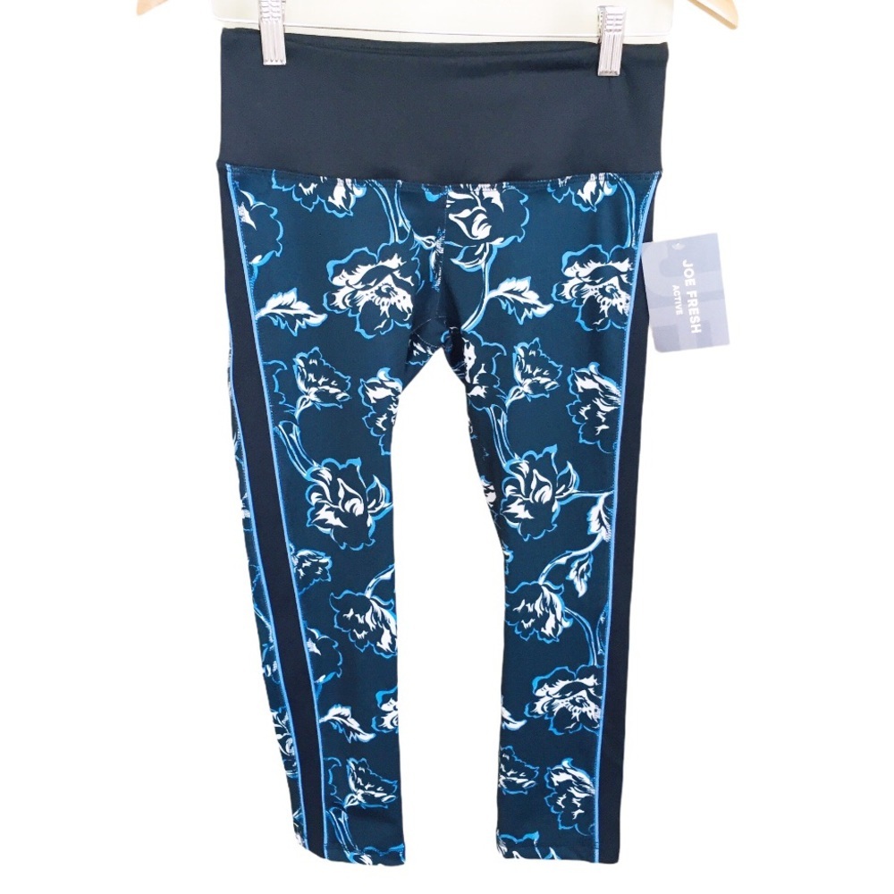 NWT JOE FRESH Floral Crop Leggings Blue Mesh Pocket Size XS